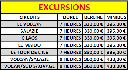 Tarifs Excursions