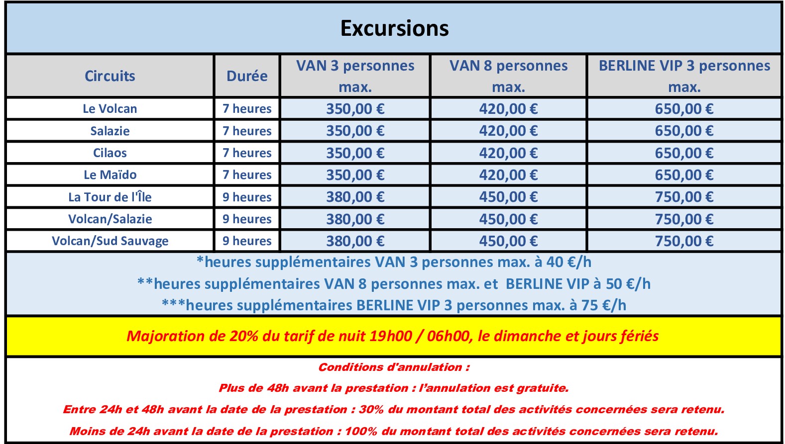 TARIF EXCURSIONS